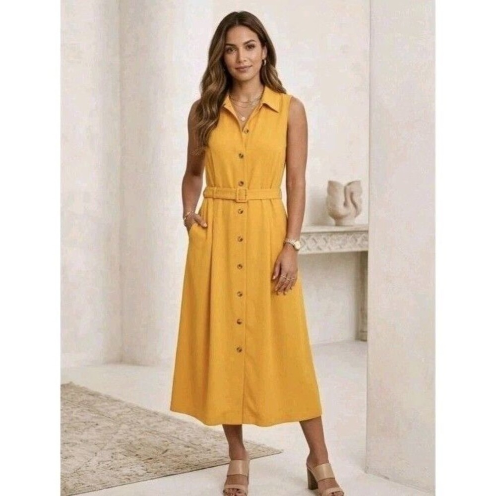 Ann Taylor Mustard Yellow Sleeveless Belted Button Front Midi Shirt Dress 0P EUC